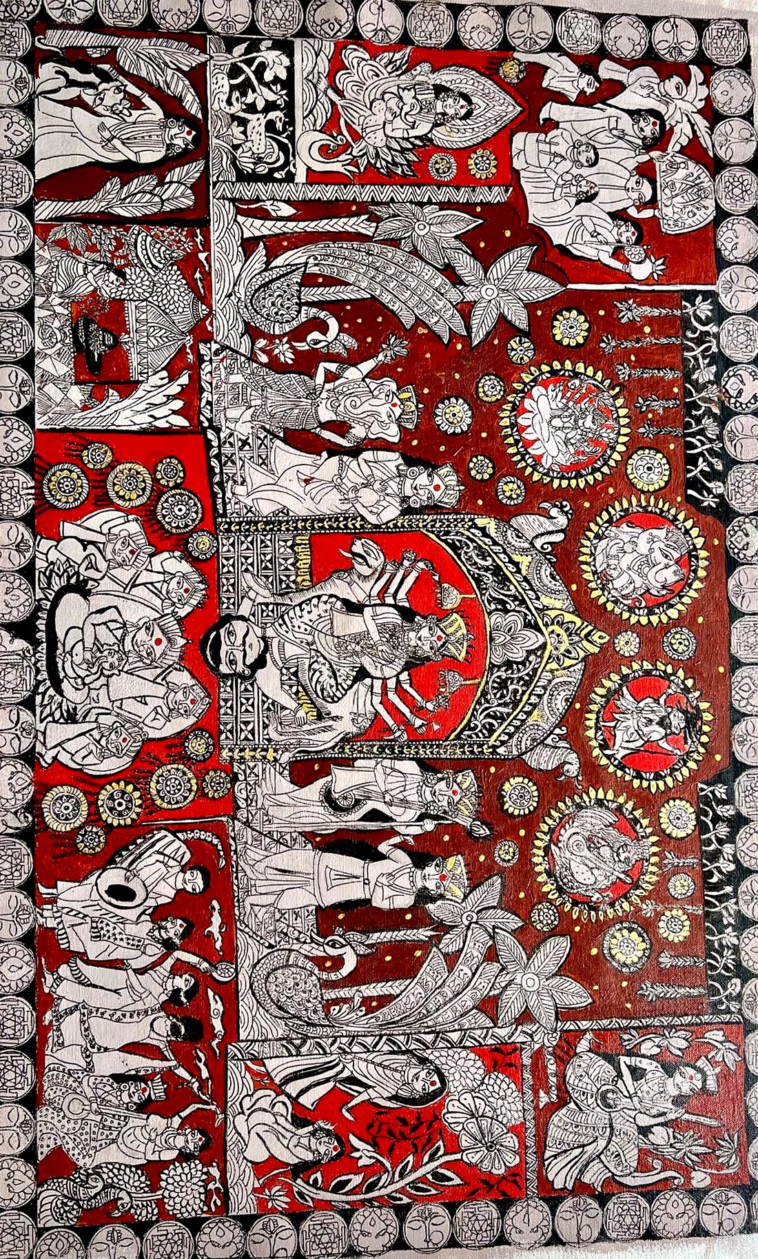 Bengal Pattachitra — mythological tableau in deep crimson, black and white with gold accents on canvas