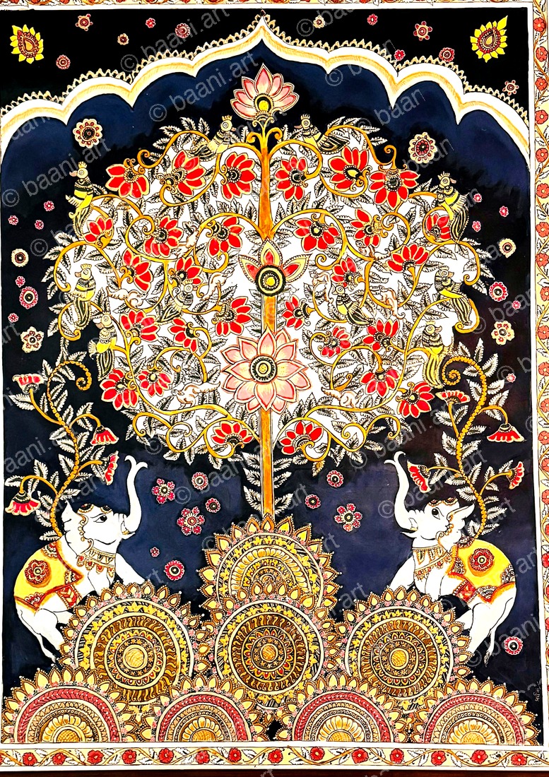 Kalamkari — Tree of Life with twin elephants, red florals and gold on deep navy