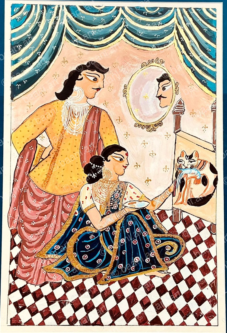 Kalighat Bibi Babu — interior scene with mirror, cat and checkered floor