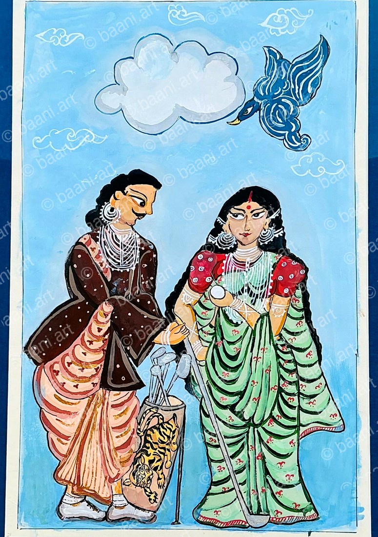 Kalighat Bibi Babu — couple on an outing, blue sky and peacock bird