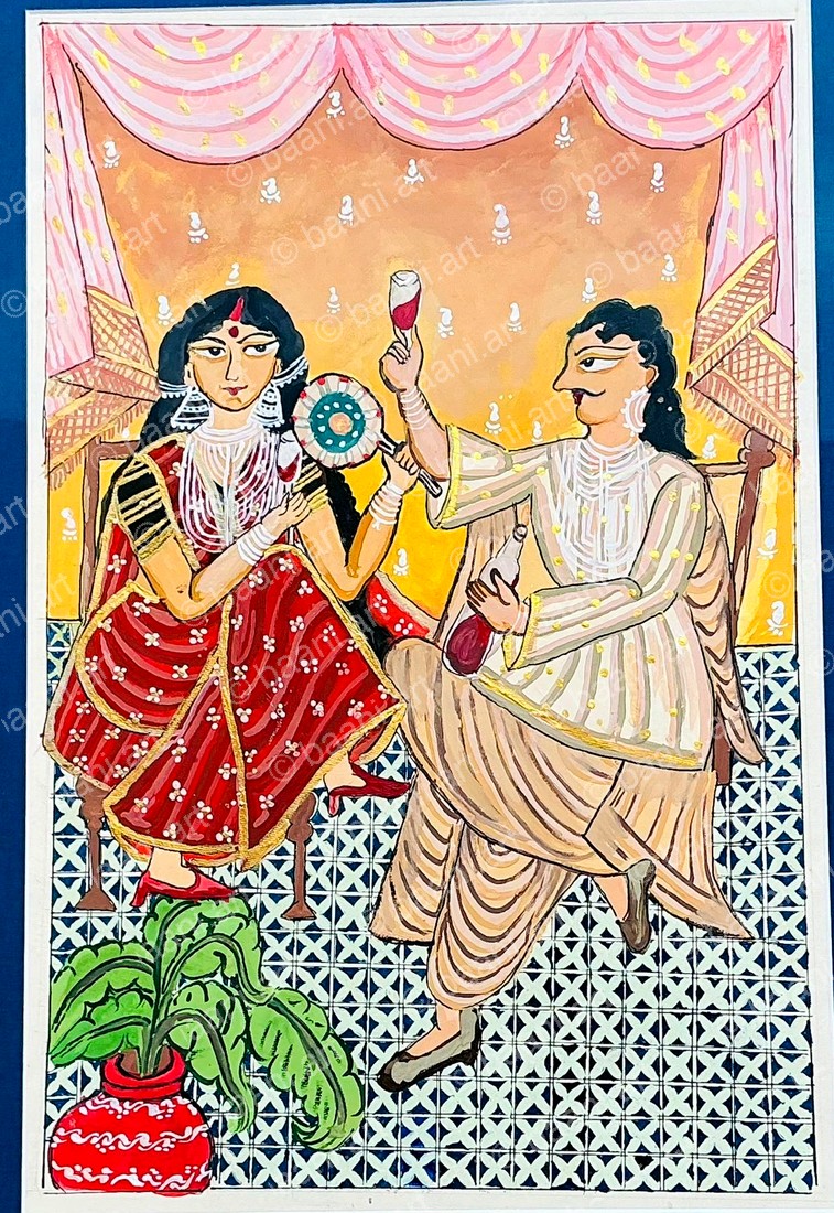 Kalighat Bibi Babu — couple sharing wine, warm saffron interior