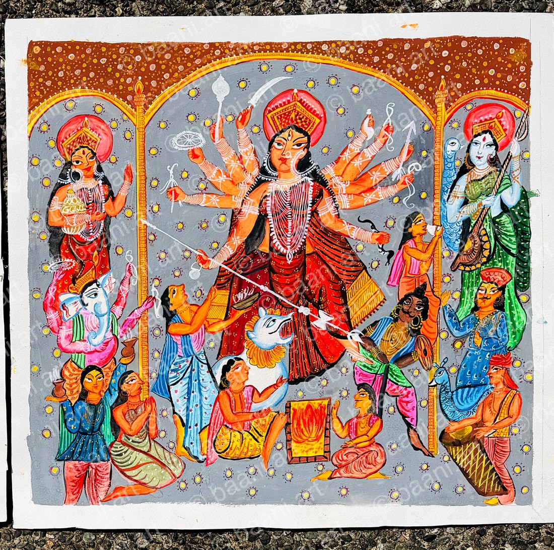Kalighat — Durga Mahishasura Mardini on grey, devotional scene