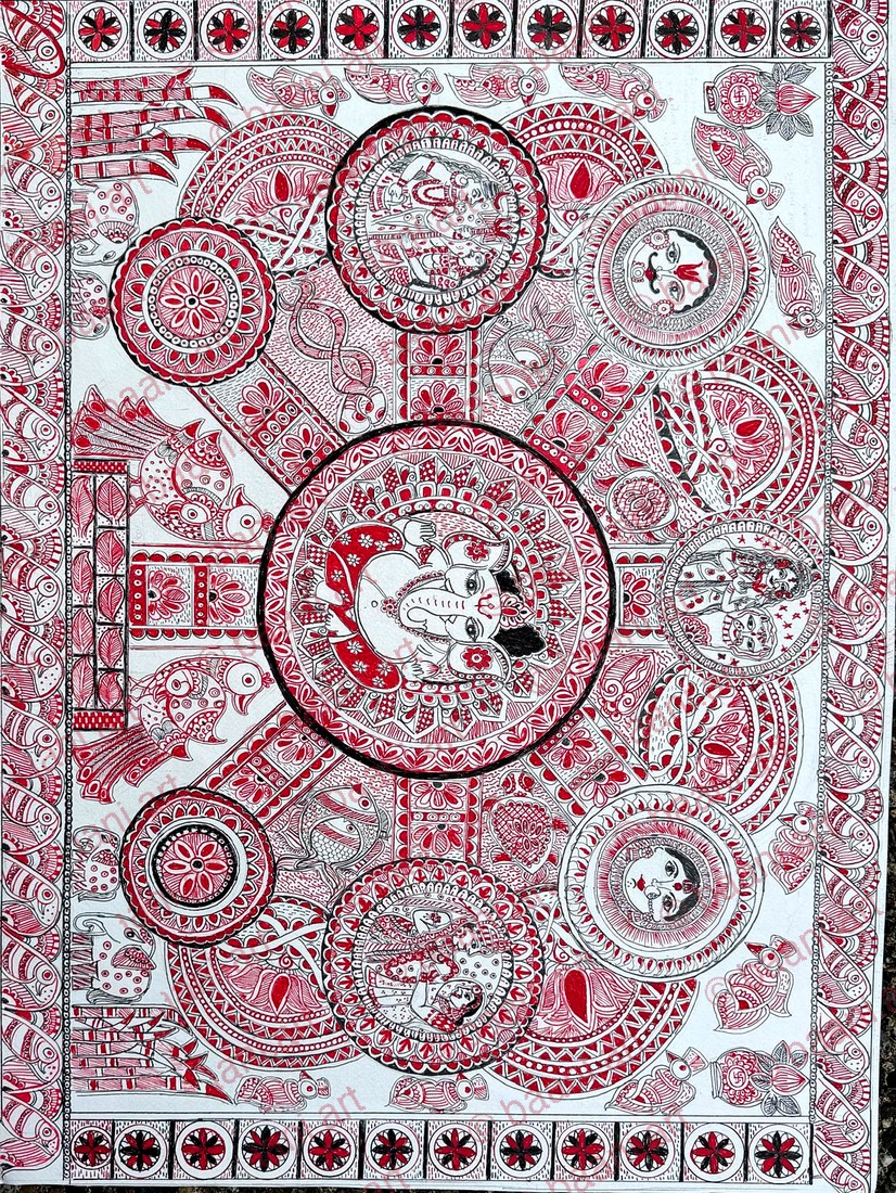 Madhubani Khobar — intricate geometric mandala in vermilion and black on watercolour paper