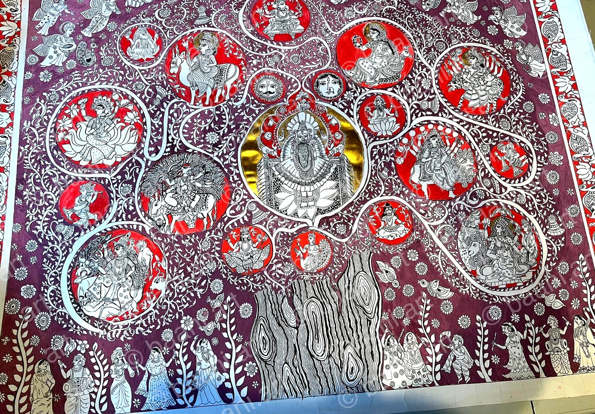 Mata ni Pachadi — deep maroon tree of life with deity medallions on mix media paper