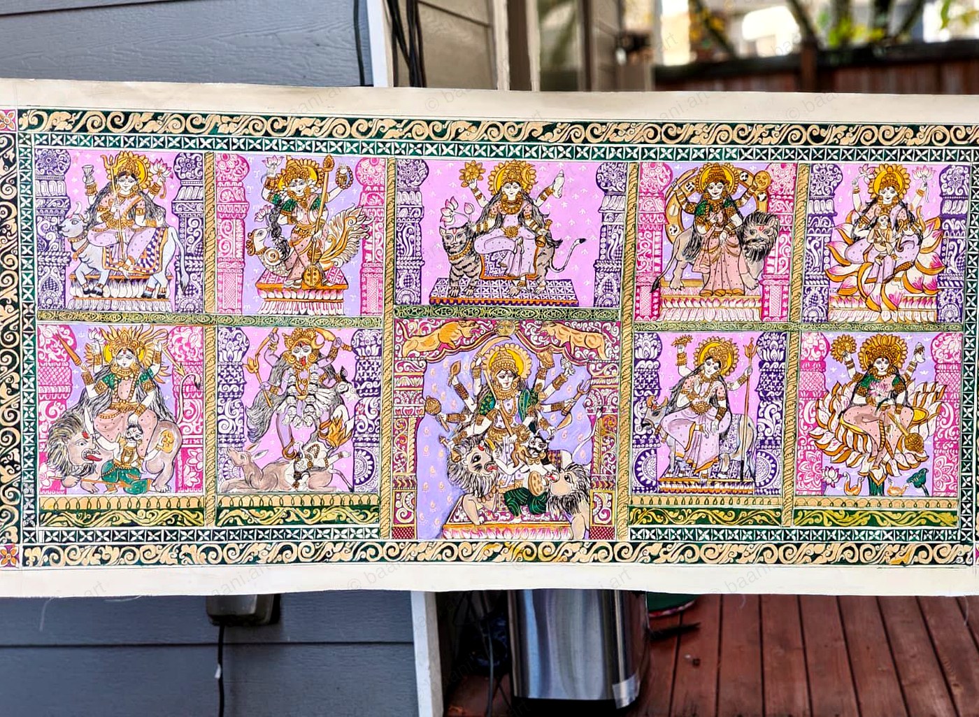 Odisha Pattachitra — Navdurga, nine divine forms of the goddess in pink, lavender and gold on canvas