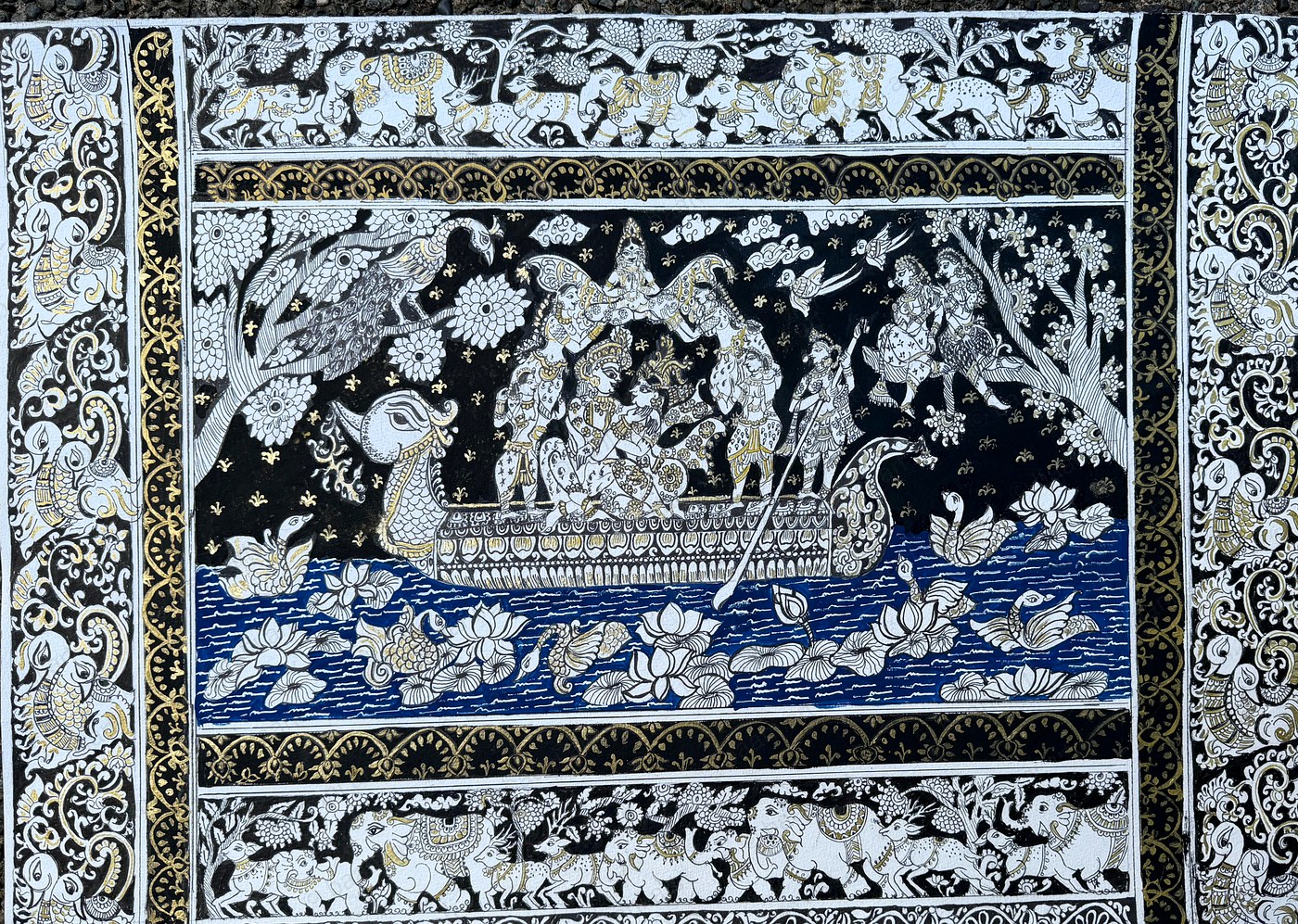 Odisha Pattachitra — Krishna and gopis on a divine boat, silver and gold on midnight blue canvas