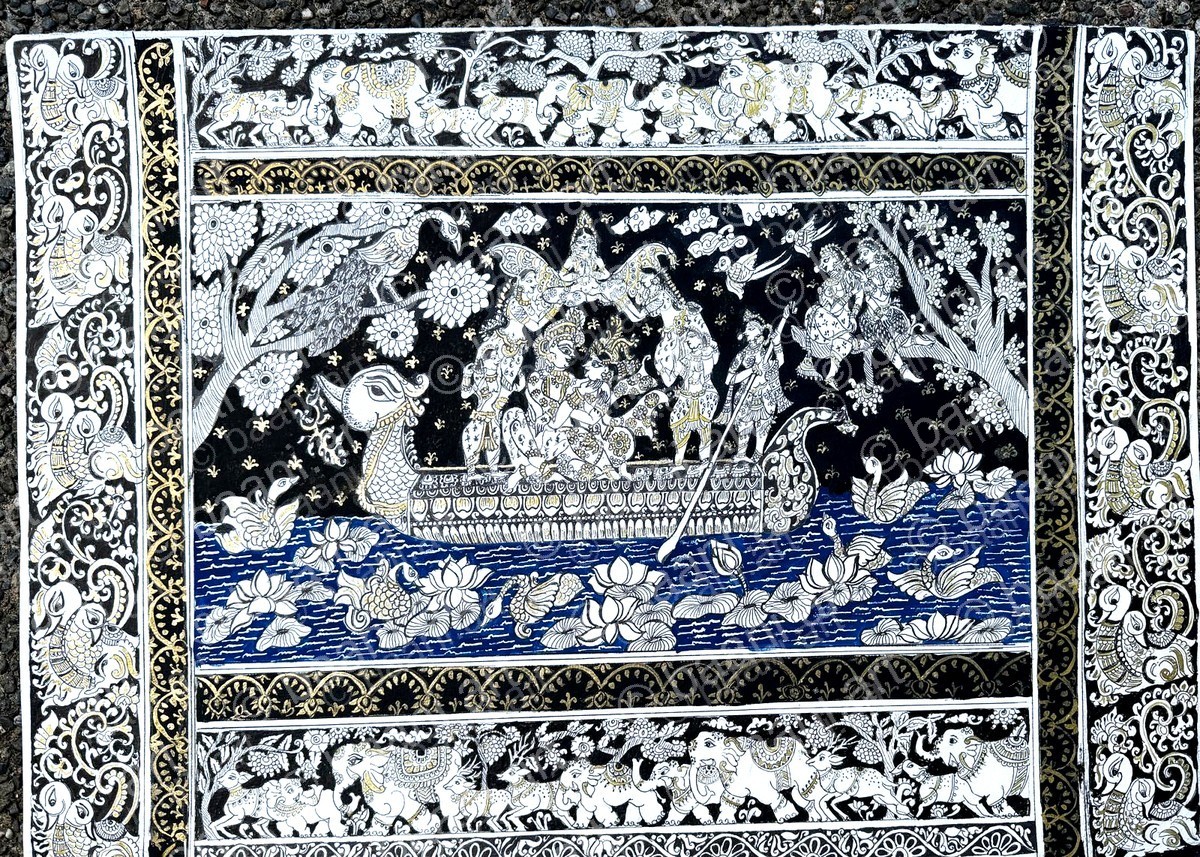 Odisha Pattachitra — Krishna boat scene on black with gold and white detail