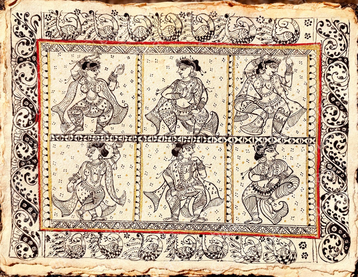 Odisha Pattachitra — six classical dancers on handmade paper