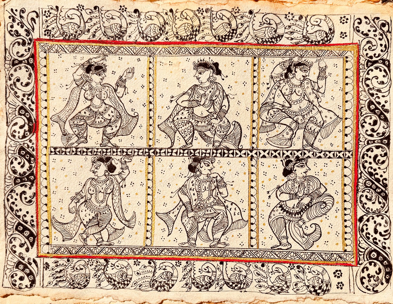 Odisha Pattachitra — six nayika figures in classical dance poses, ink on handmade paper