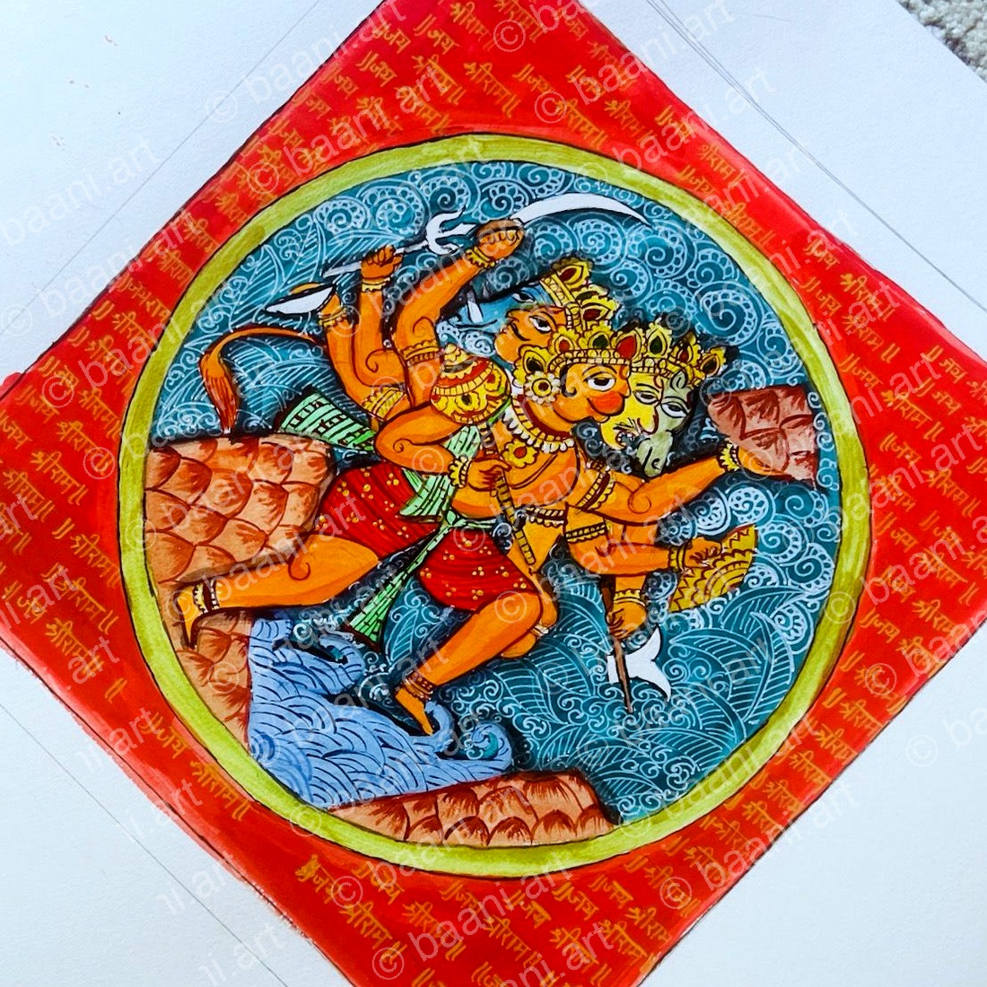 Phad Art — Panchamukhi Hanuman five-faced deity in a red diamond circle, mix media paper