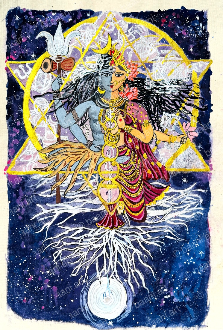 Kalamkari — Shiv Shakti, Ardhanarishvara with chakras and cosmic roots on handmade paper